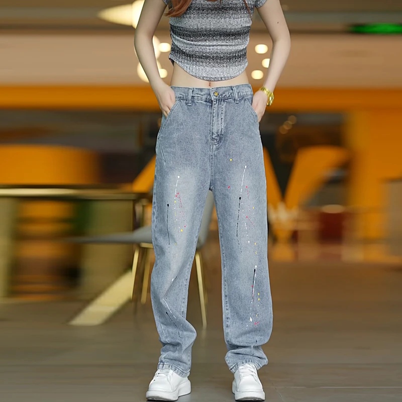 美式涂鸦潮流直筒潮流百搭重工水洗高街痞帅直筒牛仔裤男