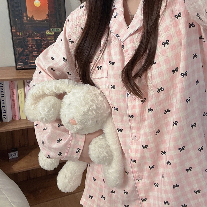 2025春季新款粉格蝴蝶结长袖睡衣女云朵棉带胸垫卡通甜妹风家居服
