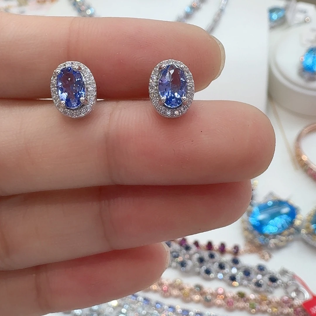 耳饰银S925镶嵌坦桑石 —Q-2