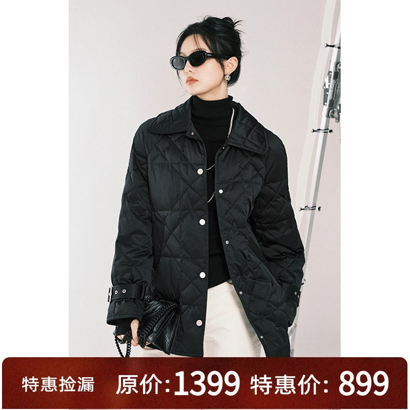 美洋MEIYANG 黑格尔鹅绒服 轻薄保暖仿缎菱格中长款直筒羽绒外套