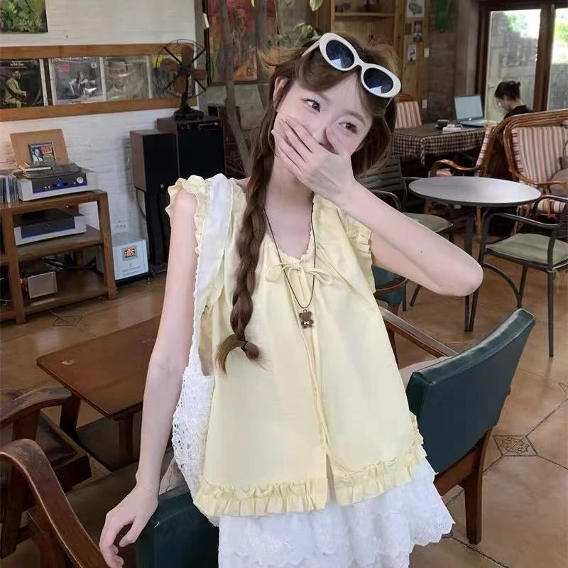 夏季新款法式高级感V领时尚小众木耳边气质无袖衬衫背心百搭上衣