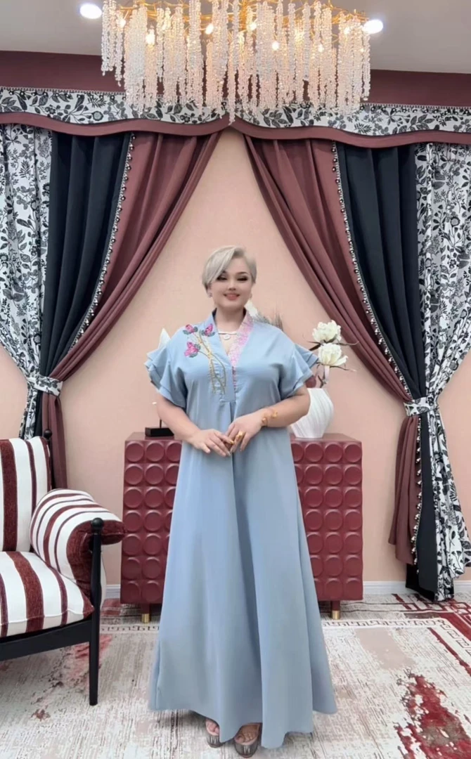 【A021】时尚新款民族风迪拜土耳其重工服饰雾霾蓝色长款连衣裙K002