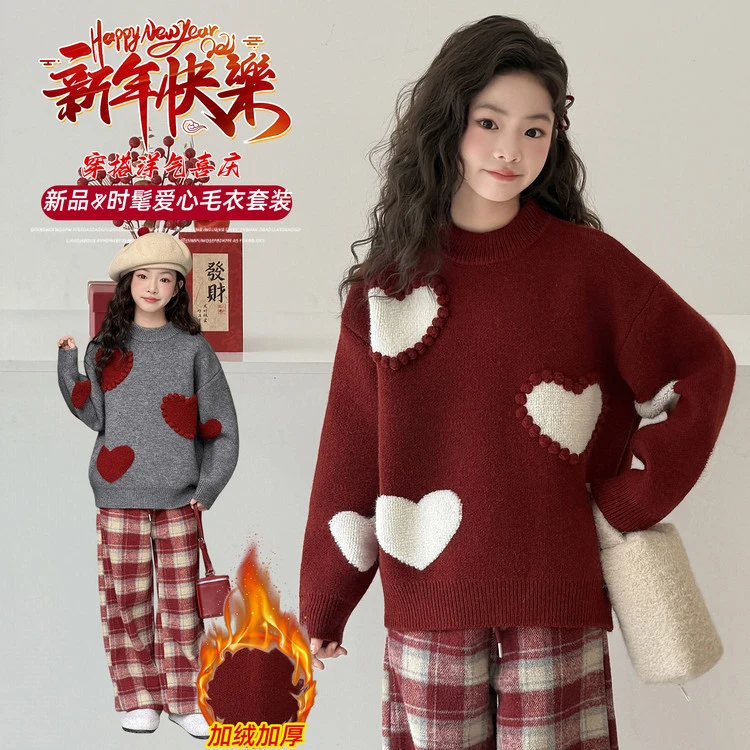 女童加厚毛衣秋冬季新款中大童保暖针织衫儿童打底衫拜年服新年装