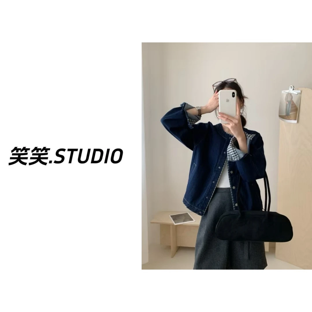 笑笑-【无领牛仔拼格外套】韩系高级感洋气圆领休闲牛仔外套春款