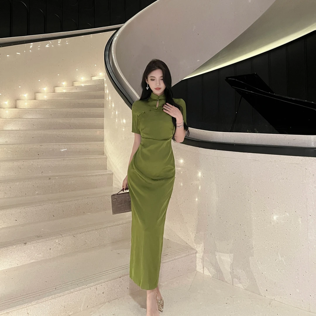602新中式国风旗袍连衣裙女名媛松苔绿立领开叉修身气质长裙4516