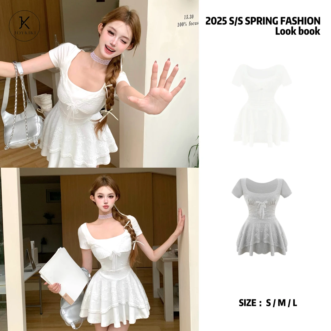 JOY KIKI金金【氧气少女】春季小众百搭甜美蕾丝短袖连衣裙J25A558