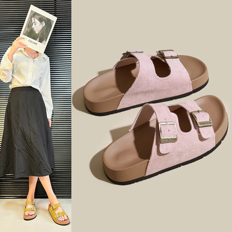 2025夏季新款爆款平底一字带方扣厚底软底沙滩勃肯外穿凉拖鞋ins
