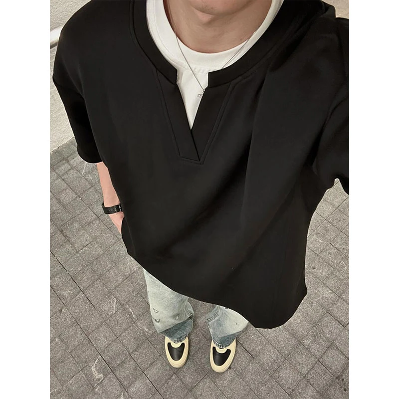 jtrt潮牌街头风纯棉短袖t恤男女款夏季宽松休闲百搭V领假两件上衣