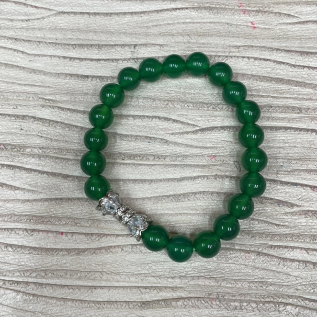 铜合金手链 24985 绿色珠珠镶嵌手链 银色底