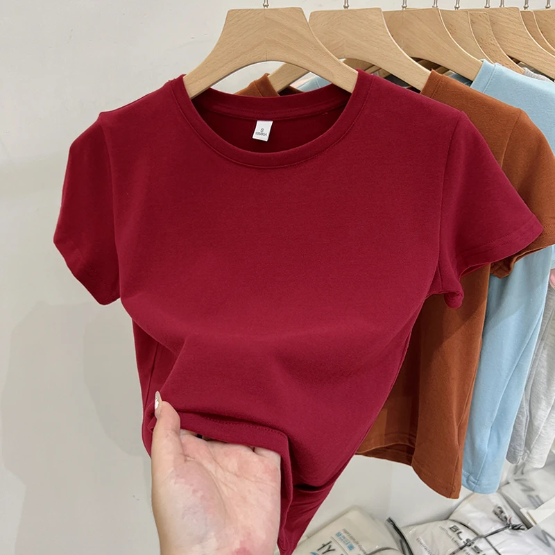 酒红色纯棉正肩短袖t恤女2025新款爆款夏季纯色修身短款显瘦上衣
