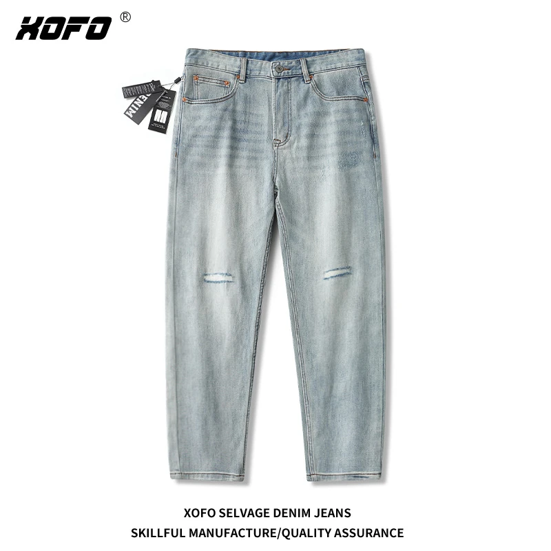 xofo新款宽松破洞九分小脚牛仔裤男士秋季百搭休闲时尚潮流显瘦