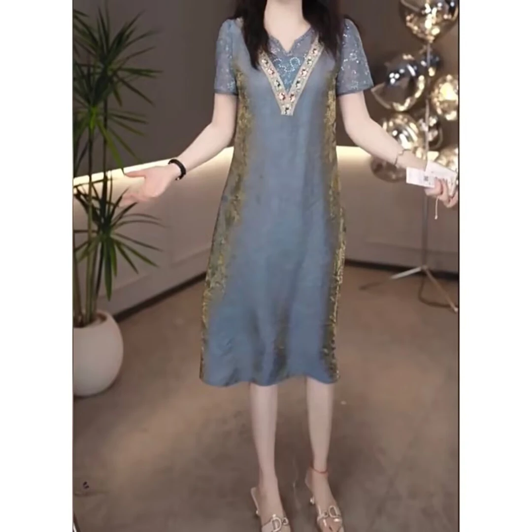 勇华玥上连衣裙女春夏2025年新款洋气妈妈高级减龄显瘦中长款裙子