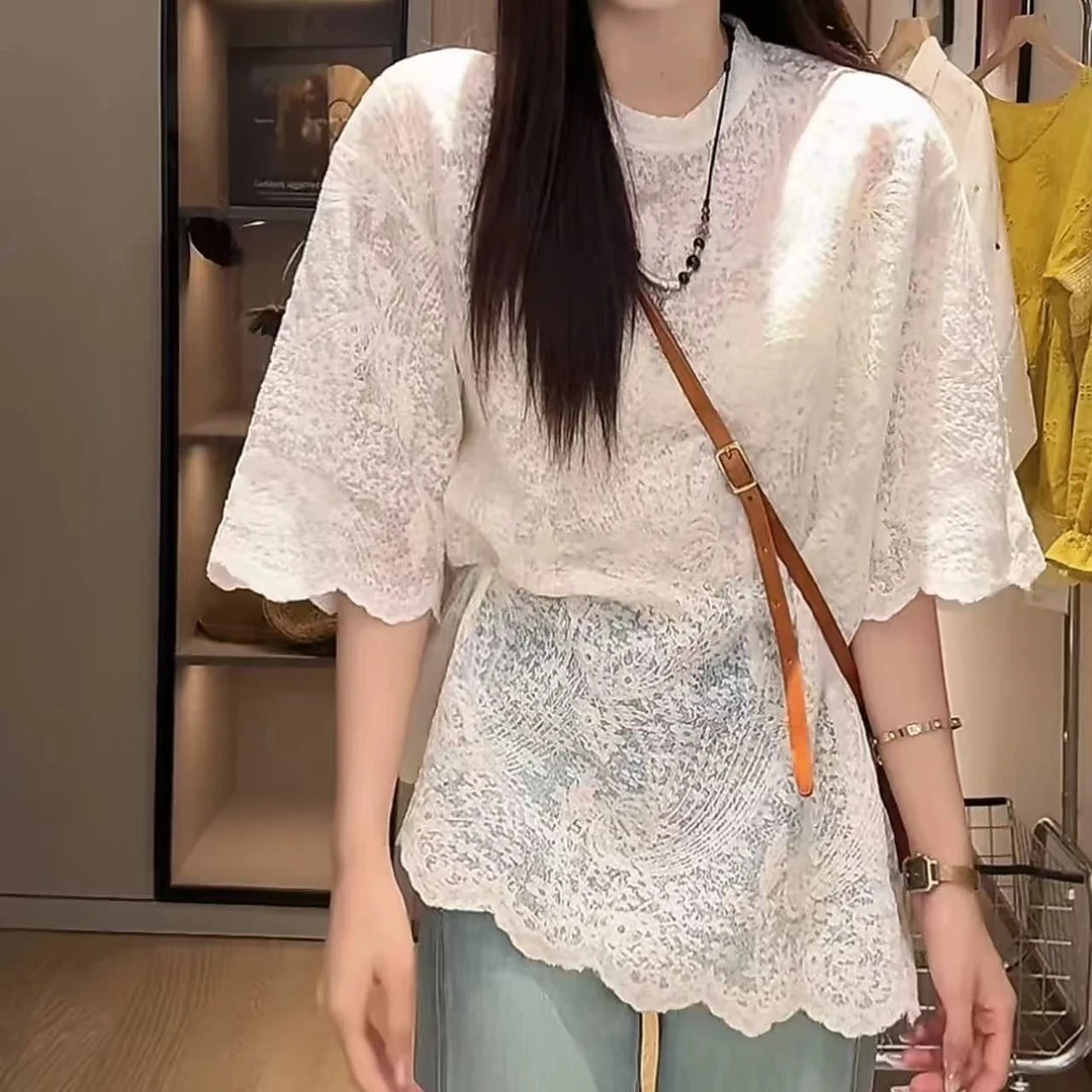 设计感蕾丝刺绣压花短袖t恤女2025夏季中长款微透宽松气质上衣