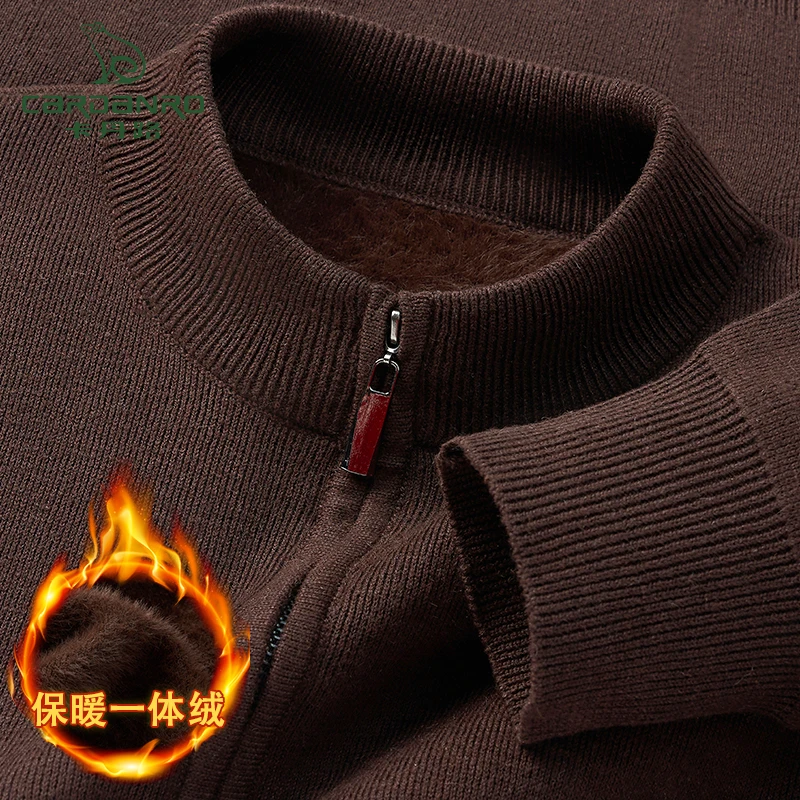 卡丹路加厚加绒半高拉链领含羊毛秋冬季男士纯色毛衣针织打底衫