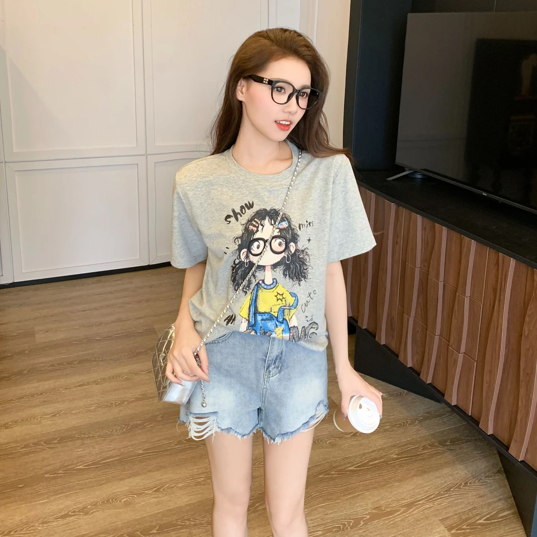 休闲套装女2025夏季新款显瘦洋气宽松卡通印花短袖牛仔短裤两件套