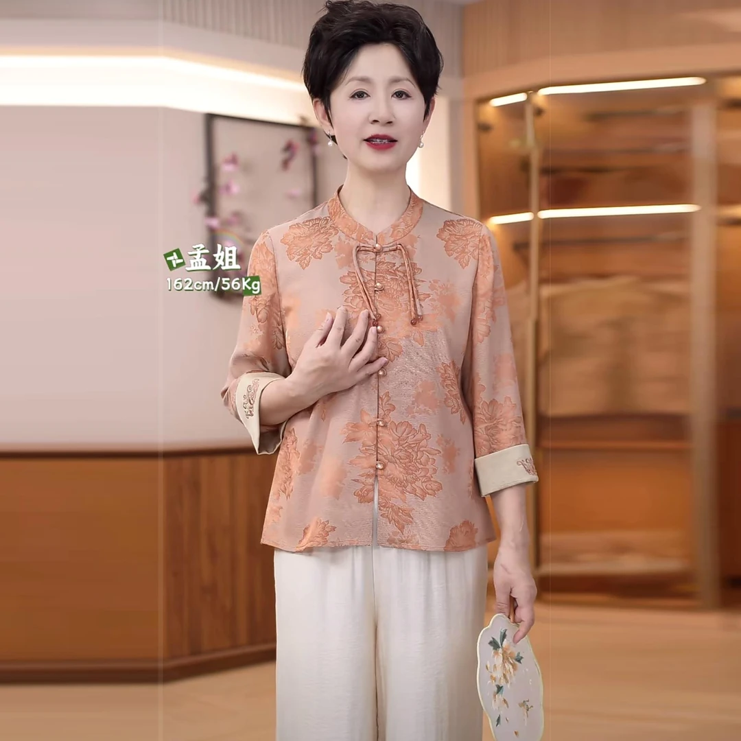江南妈妈装中袖新中式套装中老年女装复古衬衫国风两件套