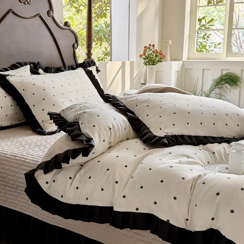 韩系小清新花边床盖四件套A类针织双层纱小碎花被套床盖四件套