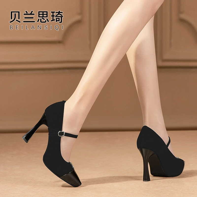 真皮一字带尖头浅口细跟单鞋女2025春秋季走秀防水台高跟鞋5798
