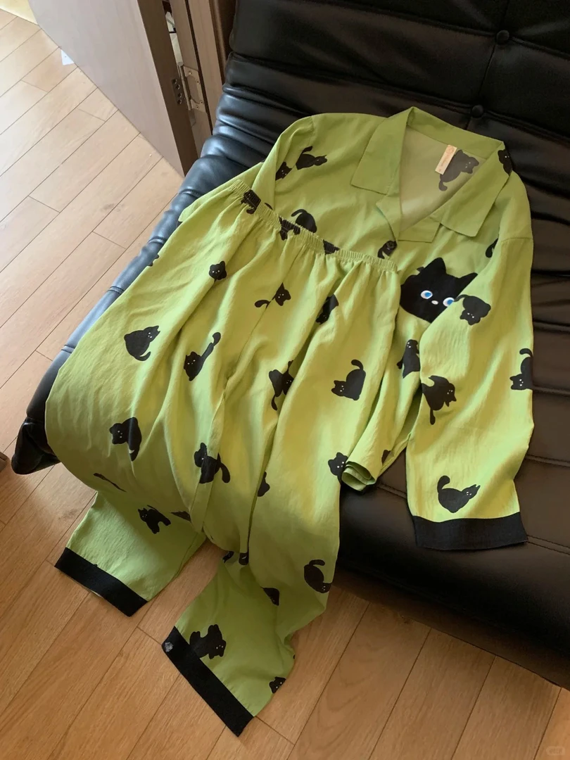 睡衣女春秋可爱猫咪短袖翻领长袖宽松大码男情侣冬季暖气房家居服