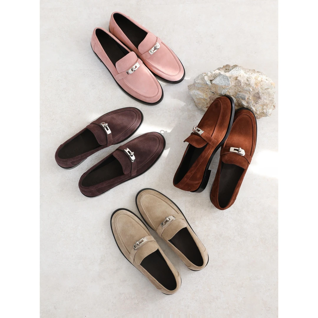 TOUCH MISS复古圆头真皮平底舒适乐福鞋女单鞋绒面小皮鞋四季可穿