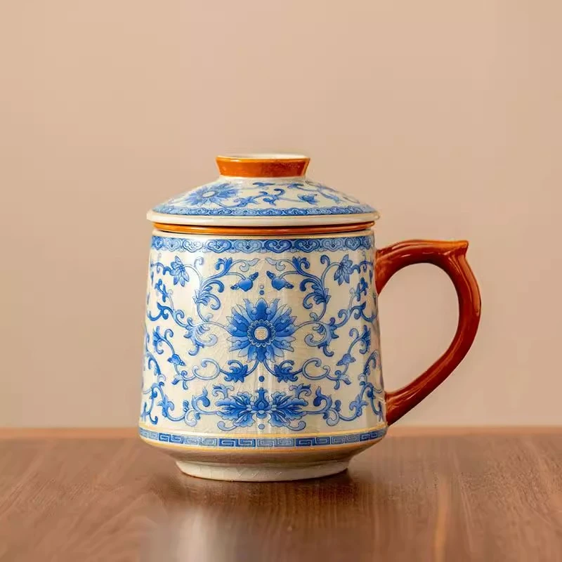 缠枝莲青花哥窑办公杯陶瓷带盖茶水分离水杯家用送礼马克杯泡茶杯