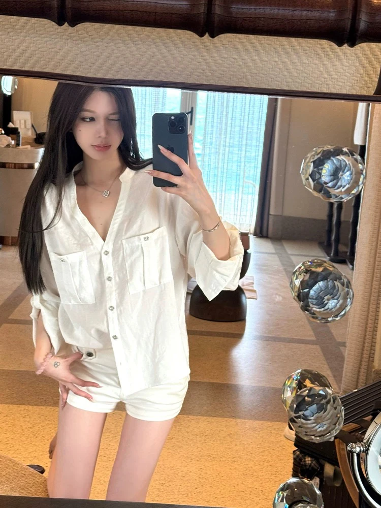 梦梦 MENGMENG｛白鸽旧诗 新款纯欲慵懒宽松百搭衬衫上衣}