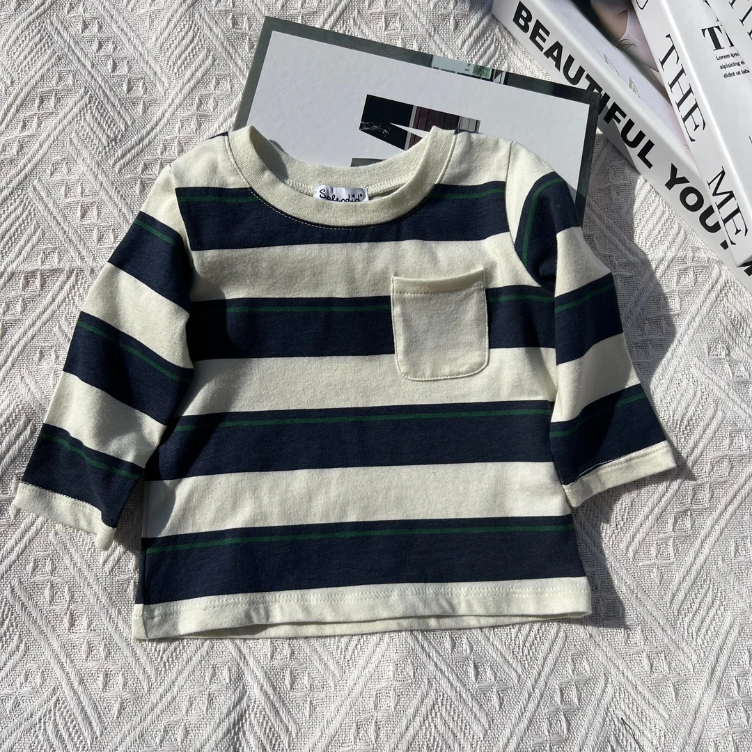 外贸童装出口美国条纹撞色男童ol长袖套头痞帅T恤休闲风吸汗实拍