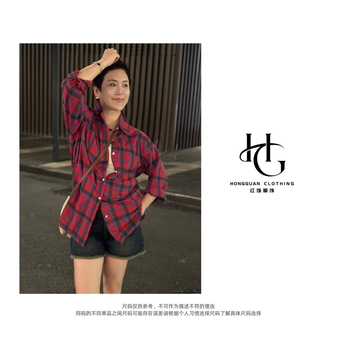 H·G【红格衬衫】2097  新款时尚百搭休闲宽松翻领红格衬衫