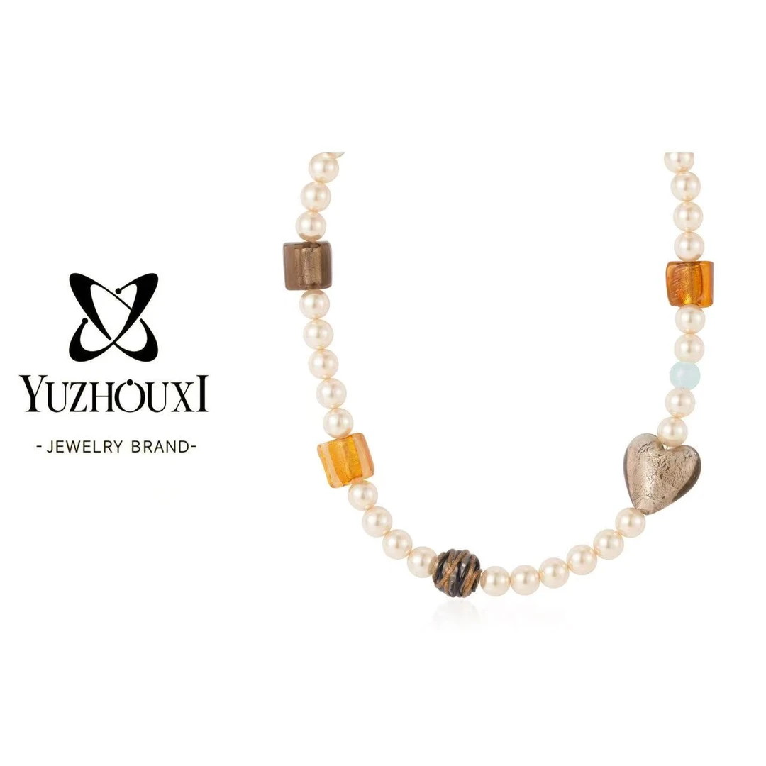 铜合金仿珍珠项链  J3-066爱心方块琉璃串珠贝珠项链