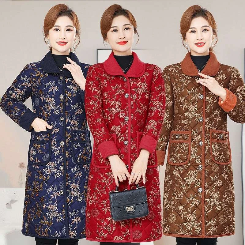 棉袄妈妈装冬季中长款棉衣中老年新款碎花加绒加厚保暖棉服外套女