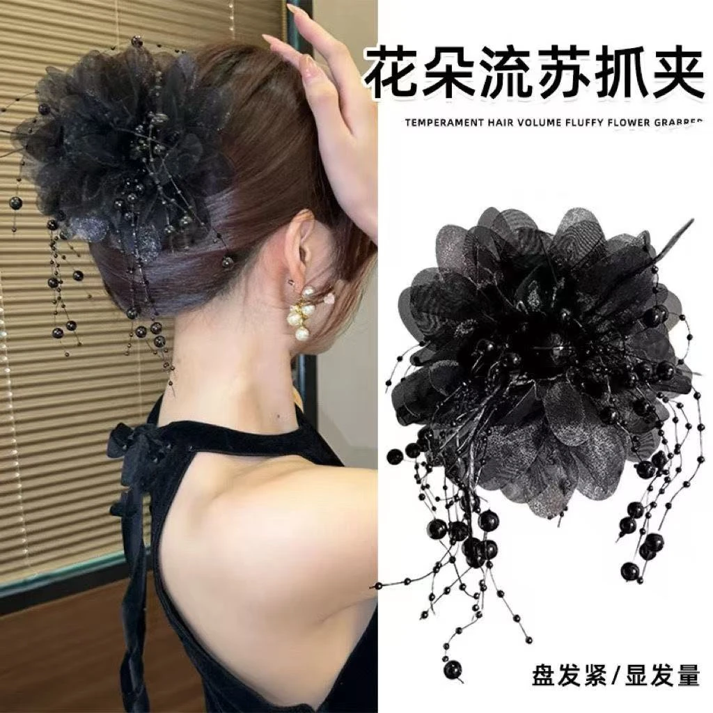 牡丹花羽毛流苏抓夹女2025新款发夹后脑勺显发量鲨鱼夹子发卡头饰