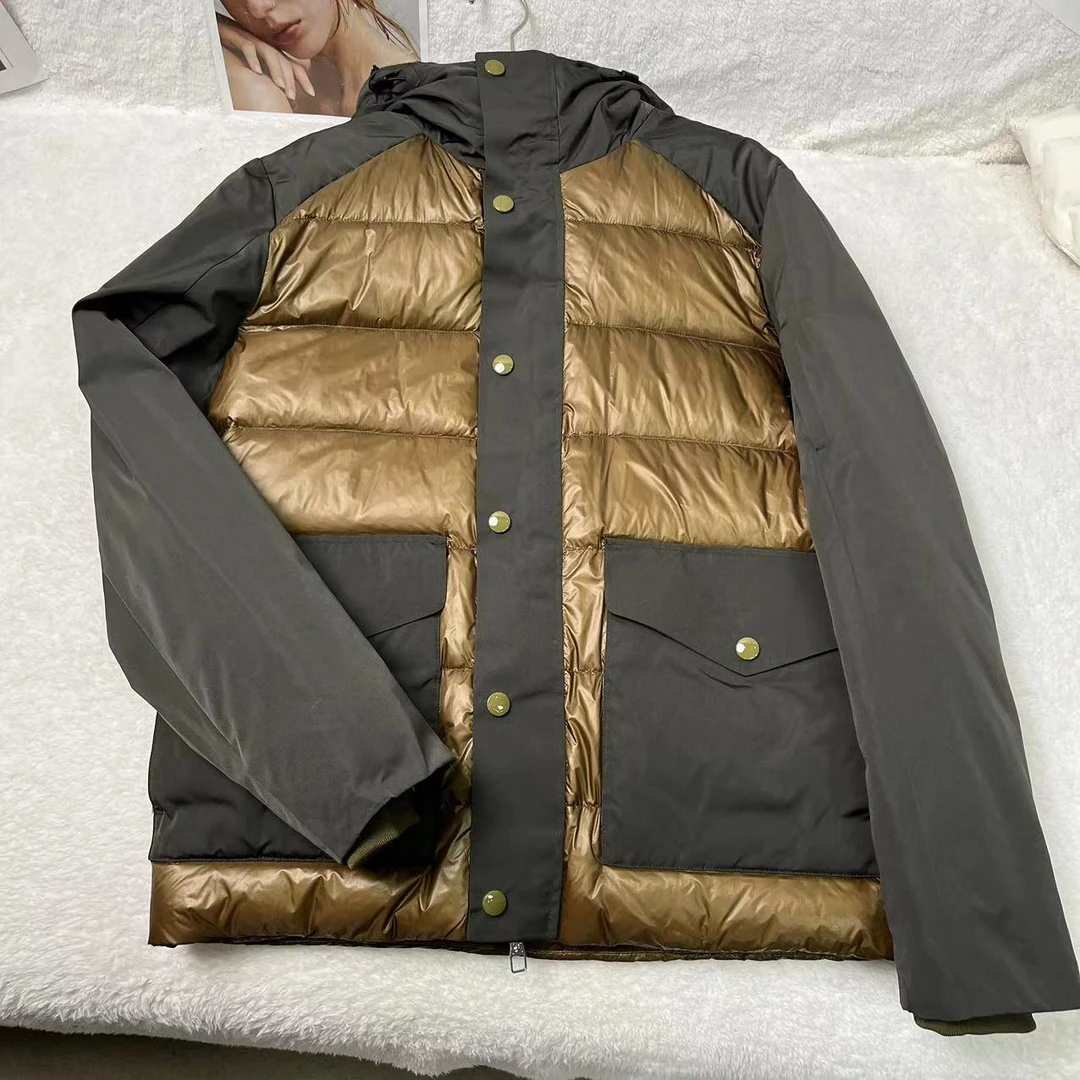 男士冬季百搭设计感拼接保暖连帽鹅绒服H2345