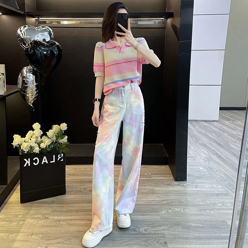 炸街套装女夏季新款翻领针织POLO上衣气质显瘦破洞印花阔腿牛仔裤