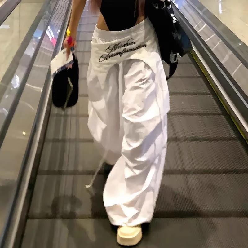 【网红炸街】2025美式复古叠穿设计感绑带伞兵裤女宽松休闲褶皱阔