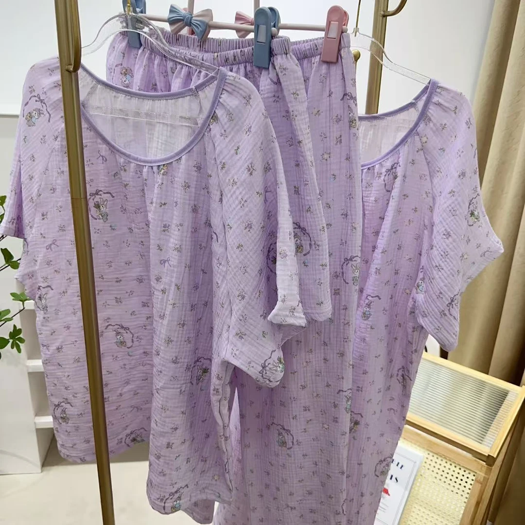 夏季A类棉纱紫色碎花小兔透气短裤长裤短袖长袖短裙套装休闲宽松