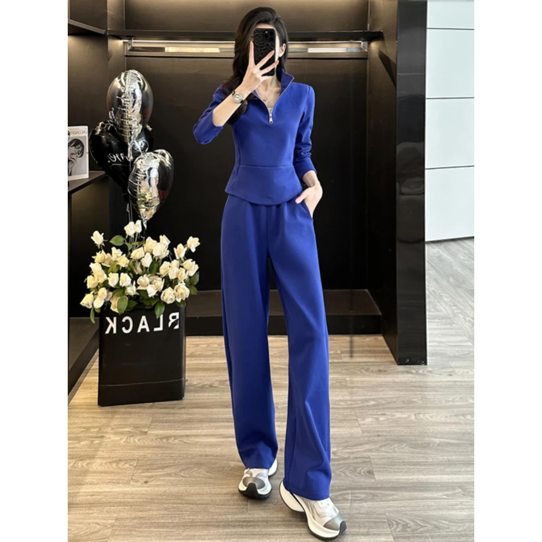 洋气炸街休闲时尚套装女2025春季款修身收腰蓝色上衣阔腿裤两件套