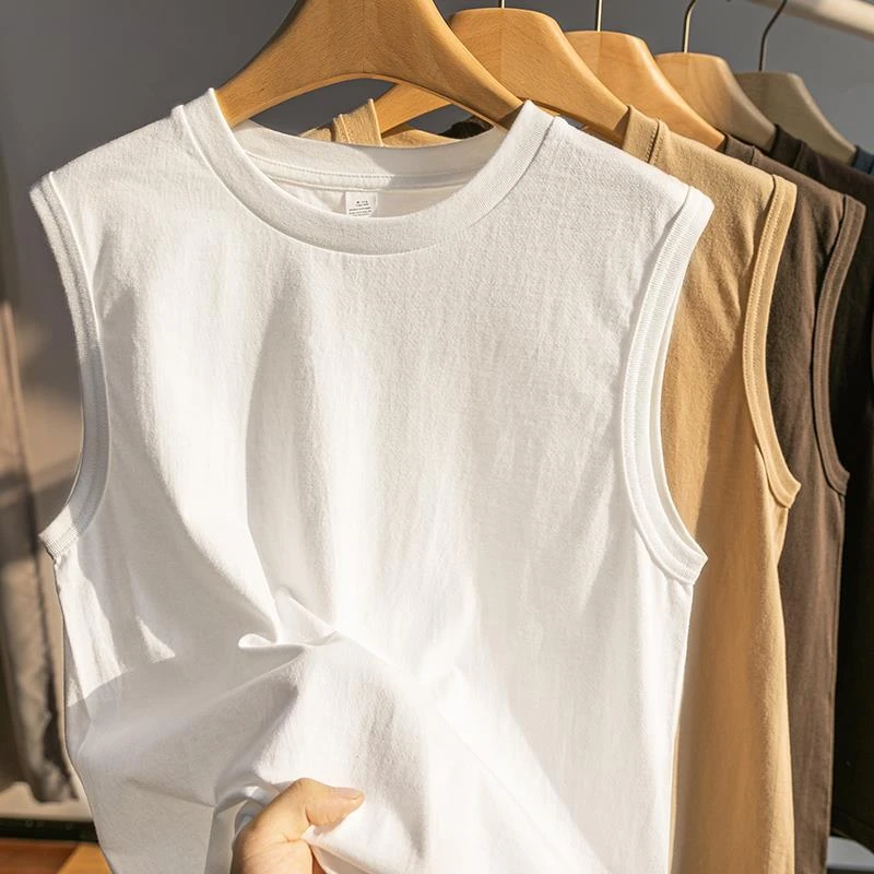 FAVMARTHA日系复古240g重磅纯棉运动健身无袖坎肩T恤纯色百搭背心