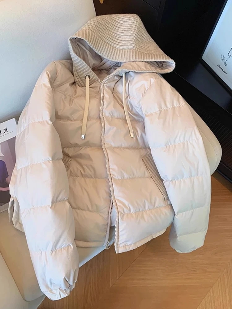 冬季新款高级感针织拼接连帽棉服女韩系短款气质百搭显瘦棉衣外套