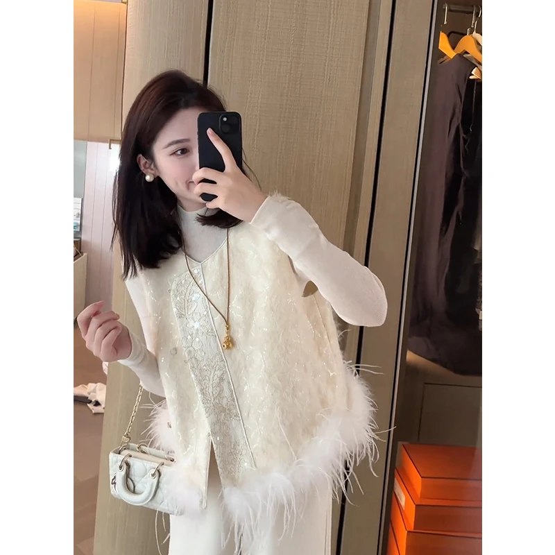 新中式国风提花刺绣亮片马甲女2025春秋轻奢洋气百搭马夹坎肩上衣