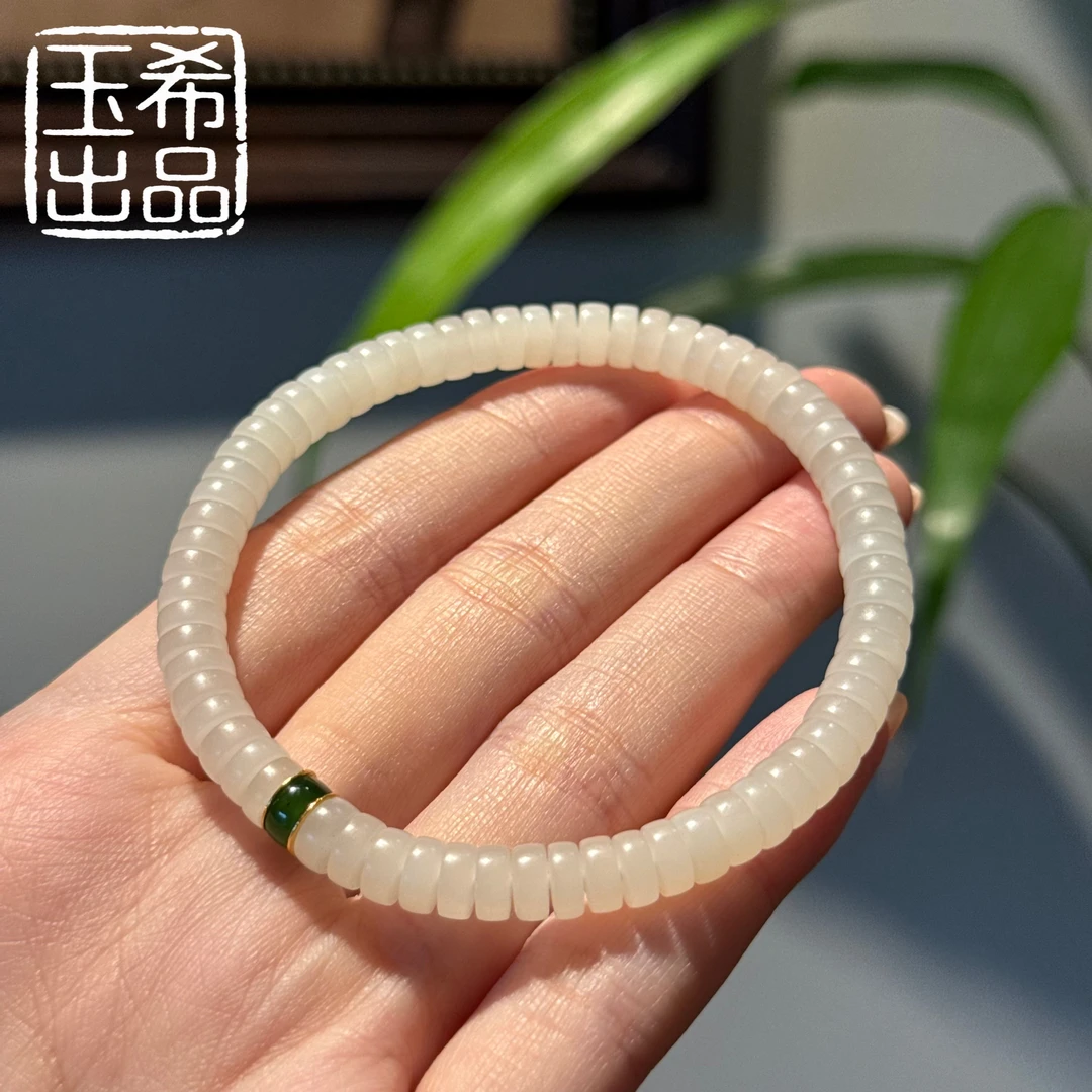 典藏级 和田玉 米达 18K金 设计款直切药片珠手串 6mm  Y150