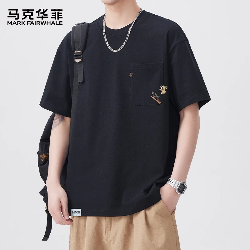 马克华菲夏季薄款纯棉短袖t恤男士潮牌宽松百搭创意口袋圆领上衣