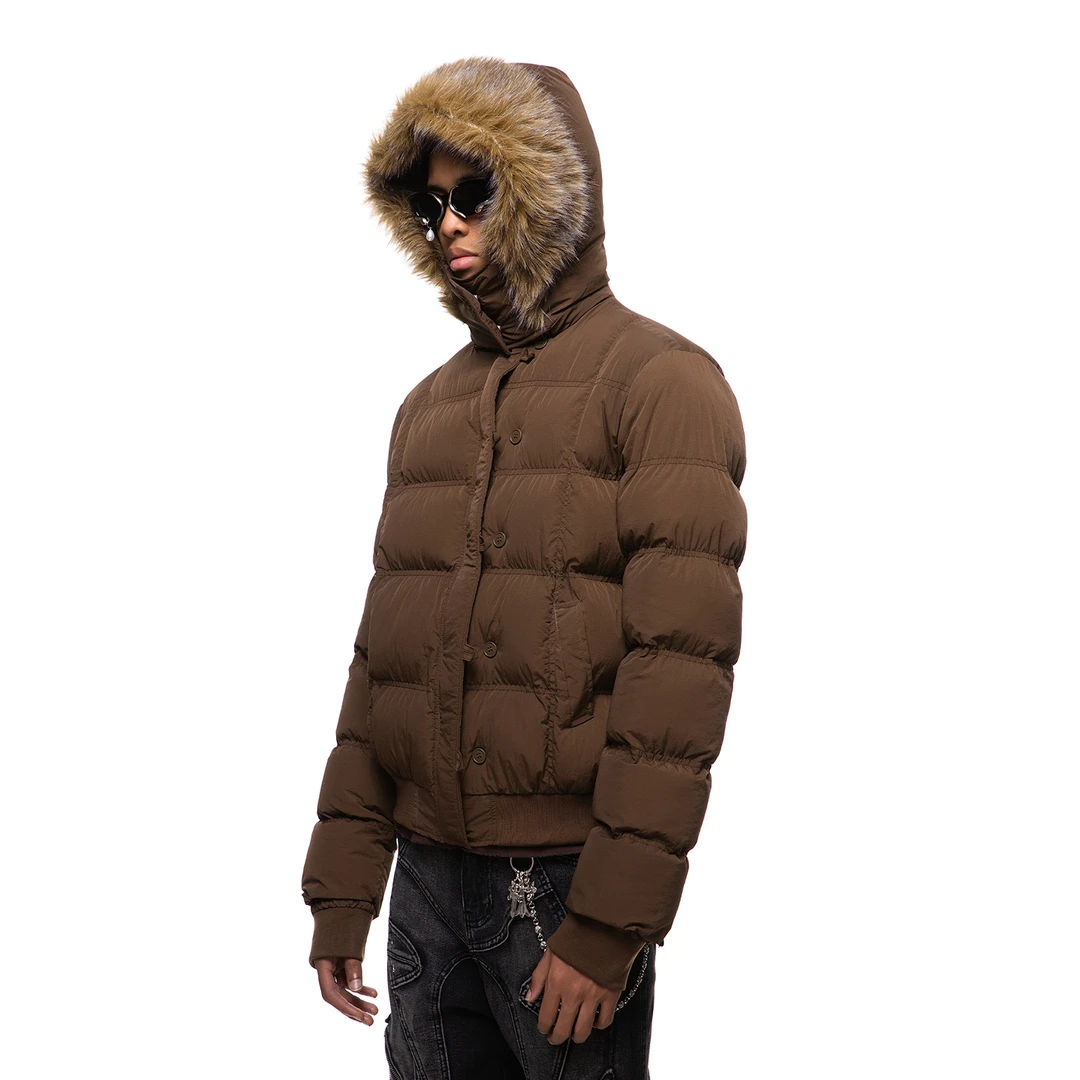 Trend st美拉德咖色棉袄毛领棉服外套男女冬季短款连帽羽绒棉衣潮