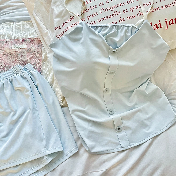 纯欲吊带纯色慵懒带胸垫冰丝长袖睡衣女春夏新款清新套装冰丝睡衣