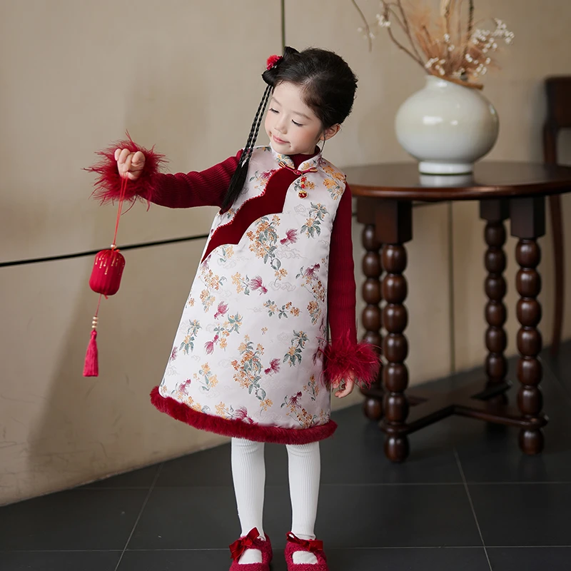 D253067女宝宝新年拜年服汉服旗袍裙子2025冬季新款女童连衣裙