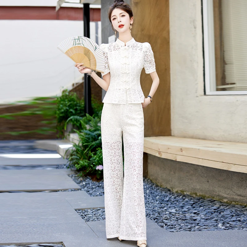 新中式休闲国风时尚套装女2025夏新款职业设计感蕾丝阔腿裤两件套