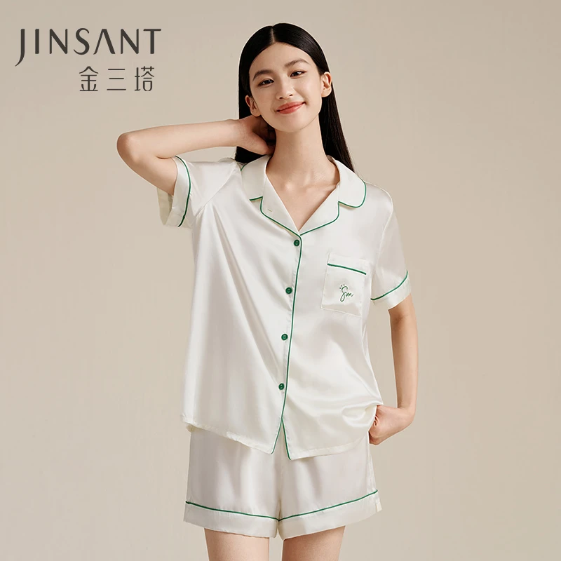 【金三塔官方】100%桑蚕丝女真丝短袖休闲衣裤套春夏新品舒适透气