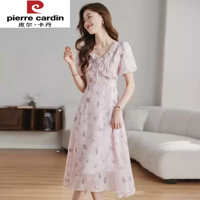皮尔卡丹连衣裙女夏季2025新款木耳边短袖蝴蝶结中长款过膝裙子女