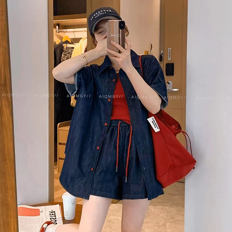 休闲深蓝色牛仔套装女夏2025新款韩版短袖衬衫高腰抽绳短裤两件套