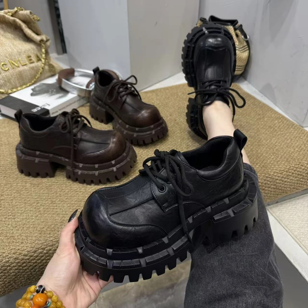 广州欧货【齿轮】真皮7cm系带时尚英伦风厚底洋气轻奢乐福鞋