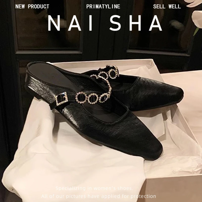 夏季新款4cm内增高法式方头一字带浅口百搭穆勒半拖鞋女2025新款